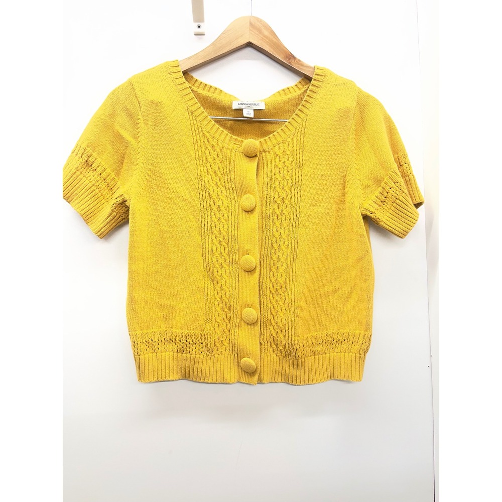 Banana Republic Womens Yellow Cable Knit Short Sleeve Cardigan Sweater Size M
